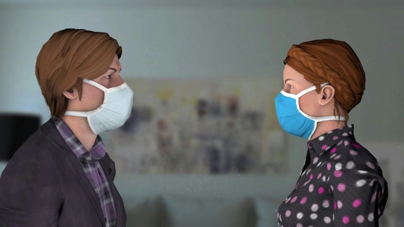 A videotraphic showing the levels of protection provided by the wearing of face masks when near an infected person