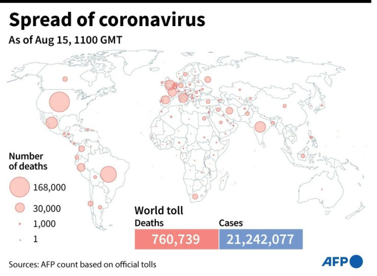 Map showing deaths from coronavirus per country and total global cases and deaths
