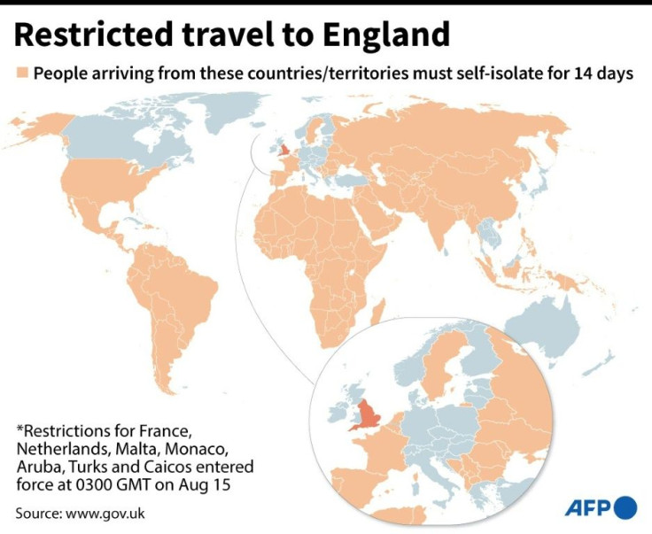 World map locating countries from where travel to England is only permitted if the person concerned self-isolates for 14 days on arrival