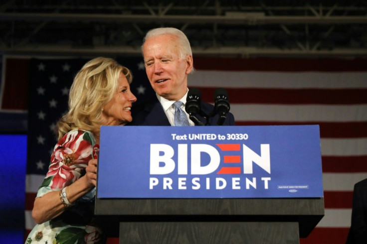 Democratic presidential candidate Joe Biden on stage with his wife, Jill Biden after declaring victory in the South Carolina  primary