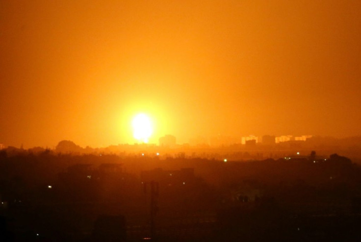 Smoke and flames rise after Israeli army war planes carried out airstrikes over Khan Yunis, Gaza Strip on August 16