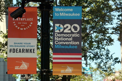 A sign advertises the Democratic National Convention in Milwaukee, Wisconsin, which was to have hosted the quadrennial event before the coronavirus pandemic stuck