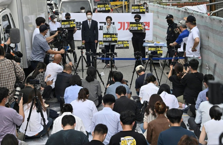 A lawyer for the Sarang Jeil Church holds a press conference on its latest COVID-19 cluster infection near the church in Seoul