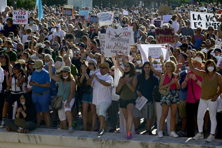 People demonstrate in Madrid against the mandatory use of face masks as well as other measures adopted by the Spanish government to fight against coronavirus