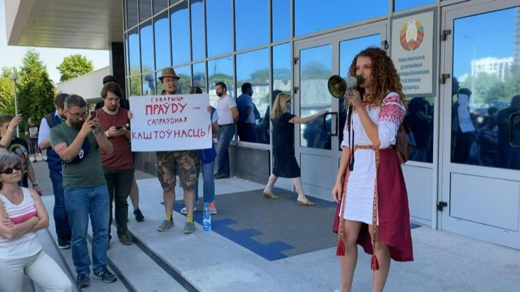 IMAGESProtesters gathered outside of the state television building in Minsk following a call from Belarus's opposition for a general strike over a disputed election.