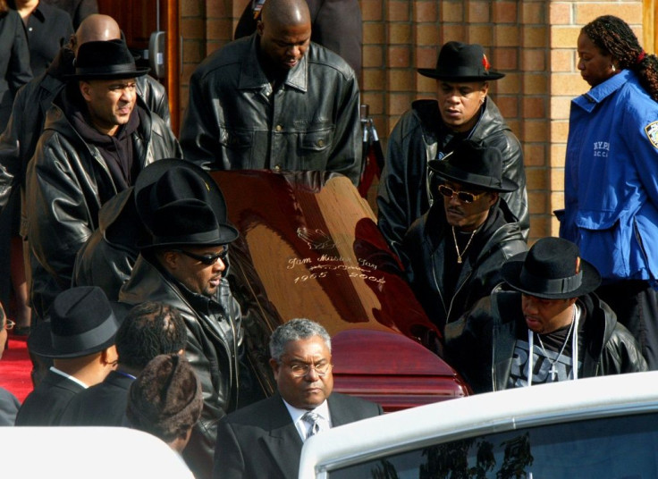 The coffin of Run-DMC's Jam Master Jay, the rapper born Jason Mizell, is carried out of a Queens Cathedral after his funeral on November 5, 2002