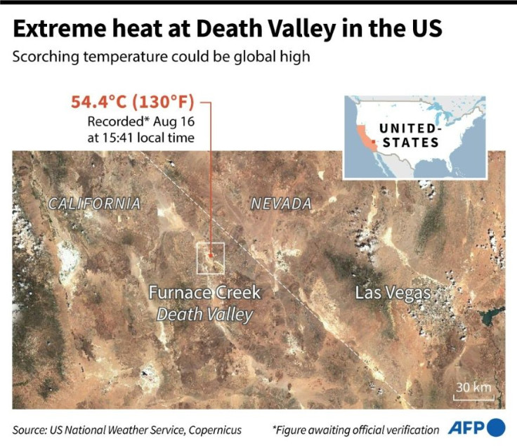 Map locating Furnace Creek, in the US, where the tempeature reached 54.4Â°C.
