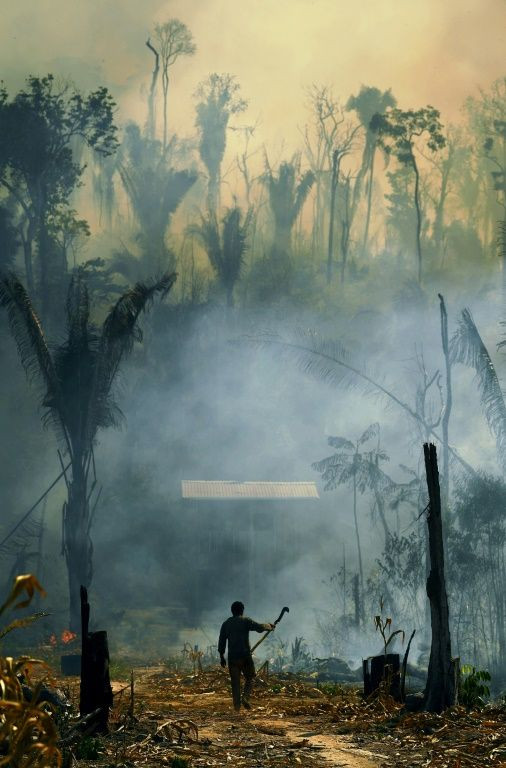 A farmer walks holding a scythe used for cutting branches -- many locals insist it is a traditional agricultural practice to clear land by burning it during the dry season