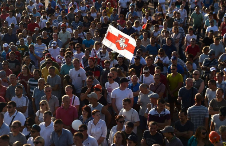 Belarus miners attend an opposition rally in the city of Salyhorsk on August 17, 2020