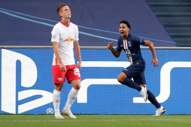 Marquinhos wheels away after his early header put PSG ahead