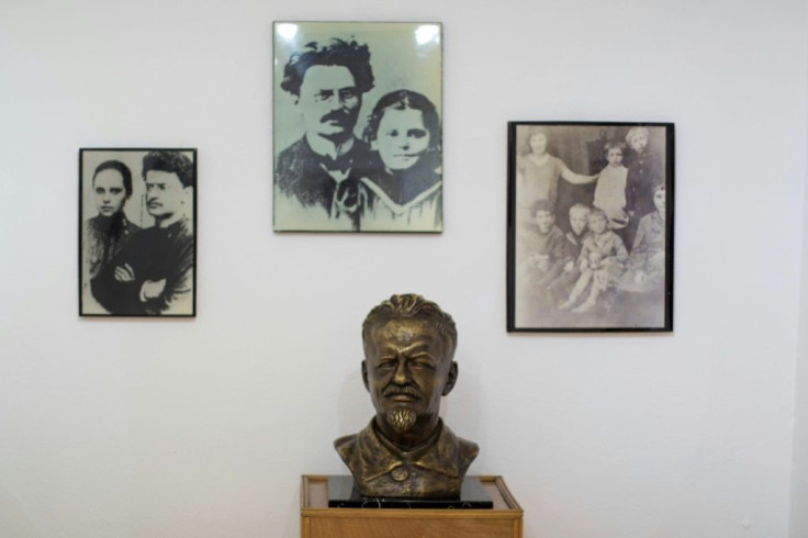 Pictures and a bust of Russian revolutionary Leon Trotsky are on display at his house-turned-museum in Mexico City