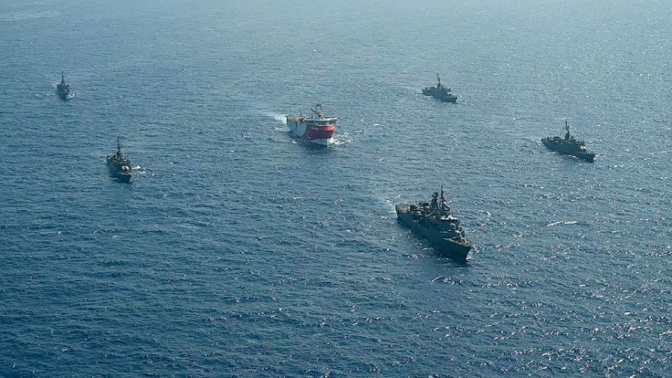 Turkey's Oruc Reis research vessels and its accompanying fleet of five warships in a disputed part of the Mediterranean