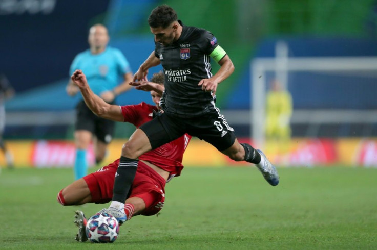 Houssem Aouar in action against Bayern Munich. He is one of those players who could well now be sold by a Lyon side deprived of Champions League football in the new season