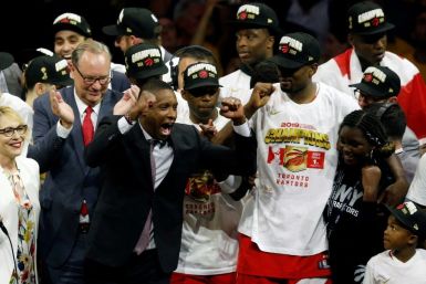 Toronto Raptors executive Masai Ujiri celebrates his team's NBA championship-clinching victory over the Golden State Warriors in game six of the 2019 NBA Finals