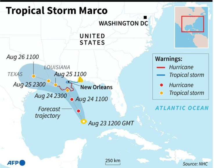 The projected path of Tropical Storm Marco which is expected to reach hurricane strength as it hits the US coast, the second hurricane approaching the US.