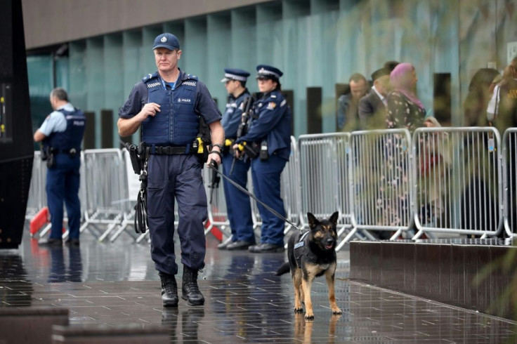 Police officers secure the area outside the Christchurch High Court ahead of the sentencing of the Australian white supremacist Brenton Tarrant in ChristchurchÂ