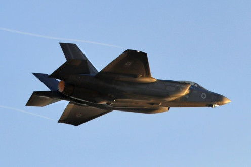 A file photo taken on December 26, 2018 of an Israeli Air Force F-35 Lightning II fighter jet, during a graduation ceremony of Israeli air force pilots at the Hatzerim Air Force base in Israel's Negev desert