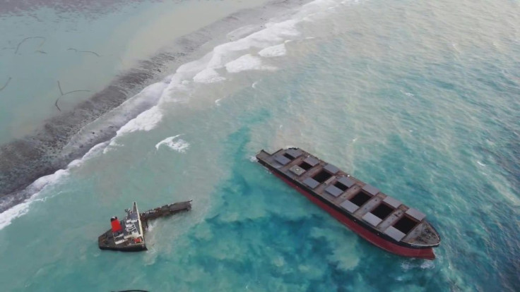 Aerial shots of the MV Wakashio before its larger section was sunk.