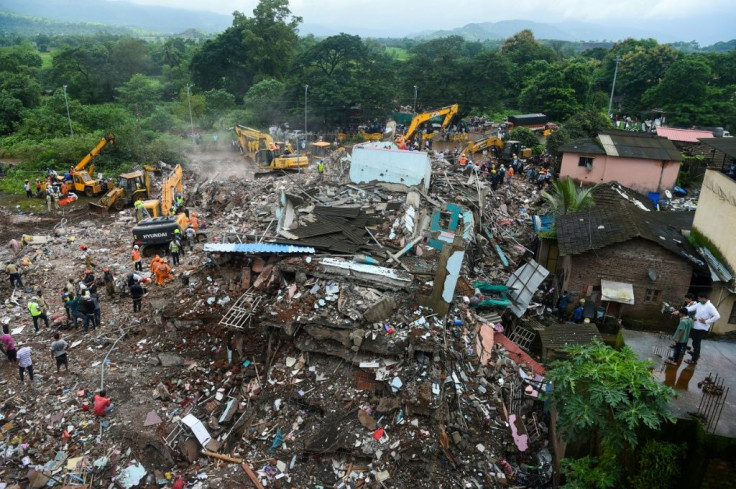 The wreckage of the collapsed building in Mahad, about 120 kilometres (75 miles) south of Mumbai