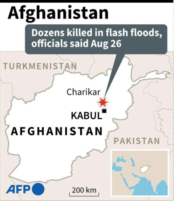 Map of Afghanistan locating Charikar, where at least 30 people have been killed and hundreds of houses destroyed in flash floods, officials said Wednesday.