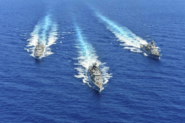 Greek defence ministry photo shows the country's warships taking part in a previous military exercises
