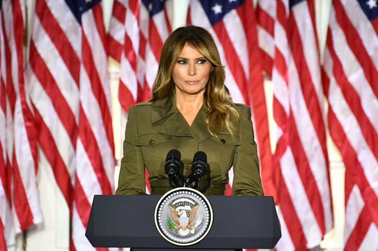 First Lady Melania Trump, shown here addressing the 2020 Republican Convention during its second day, became the subject of a Twitter debate after a conservative compared her to Cardi B