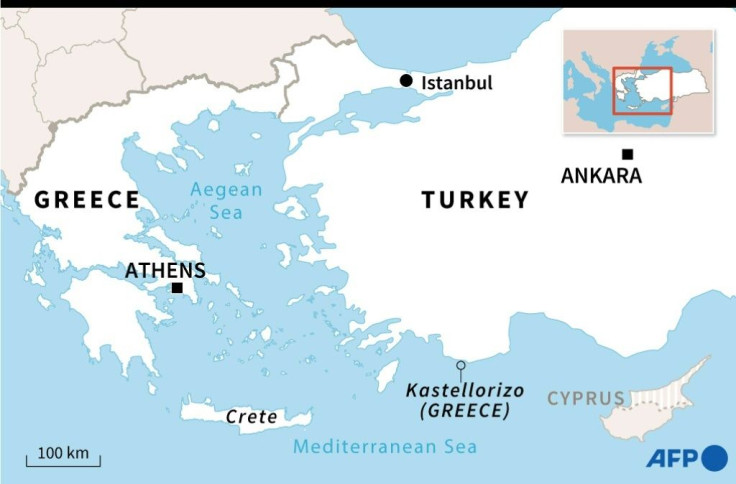 Map of disputed area. Ankara dispatched on August 10 the research vessel Oruc Reis, along with naval vessels, for energy exploration near the Greek island of Kastellorizo, which is just two kilometres (one mile) off the Turkish coast.
