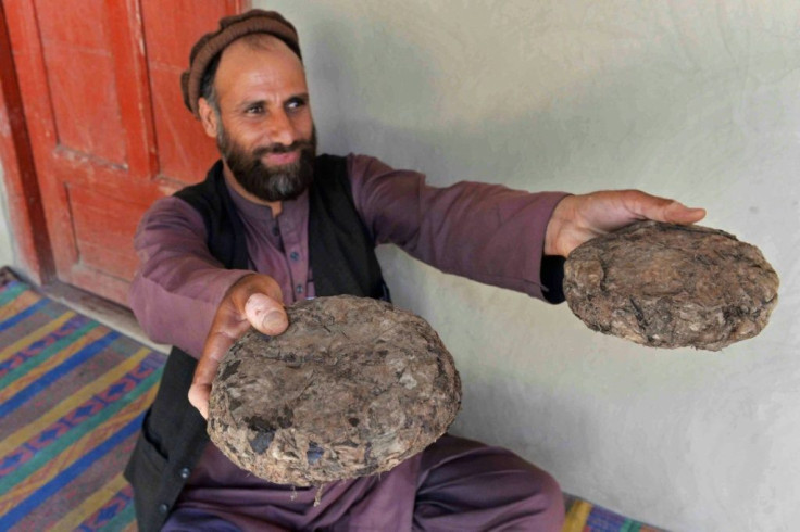 A farmer in Nangarhar province displays packages of opium