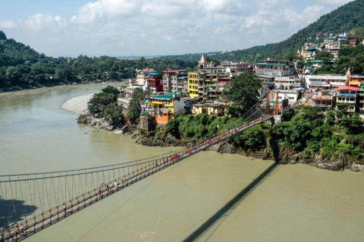 The Lakshman Jhula footbridge over the Ganges river in India, made famous by the Beatles in the 1960s