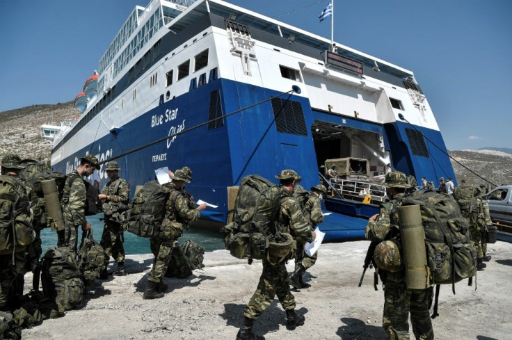 Greek soldiers boarded a ferry on the tiny Greek island of Kastellorizo, situated two kilometers off Turkey