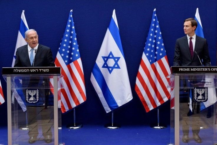 Israeli Prime Minister Benjamin Netanyahu (L) and US Presidential Adviser Jared Kushner make joint statements to the press after their meeting in Jerusalem, on Sunday