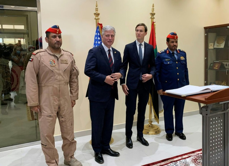 US Presidential adviser Jared Kushner (C-R) and US National Security Adviser Robert O'Brien (C-L) met with Emirati military officials at the UAE's Al-Dhafra air base