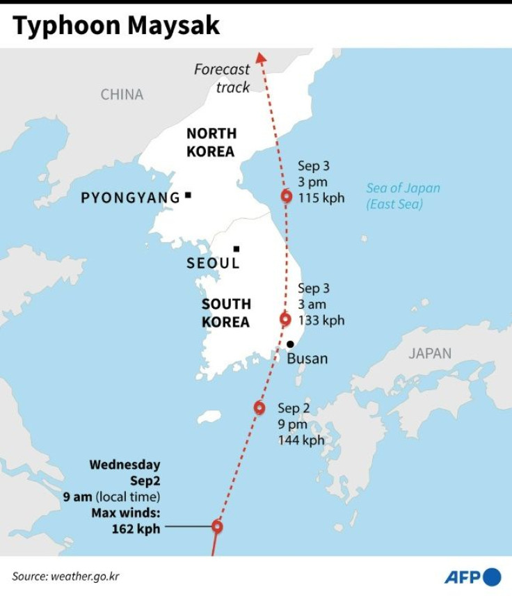 Map of the Korean peninsula, showing the forecast track of Typhoon Maysak