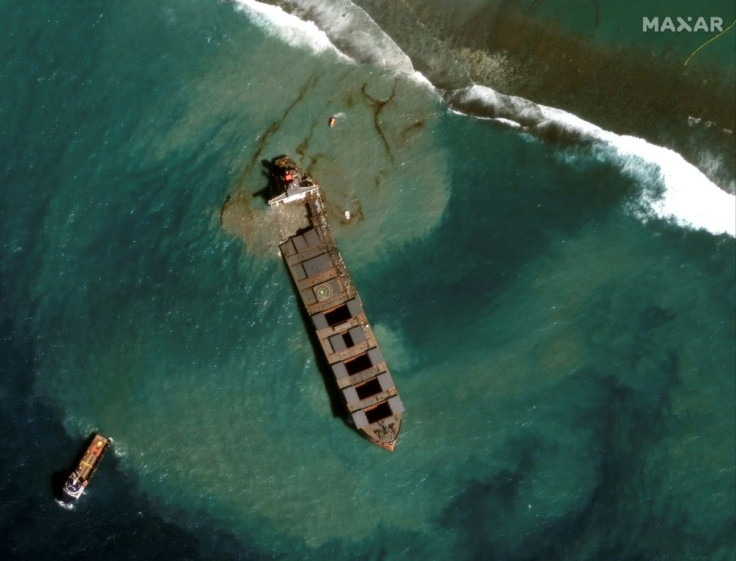 A satellite picture of the wrecked Wakashio, obtained on August 18 by Maxar Technologies
