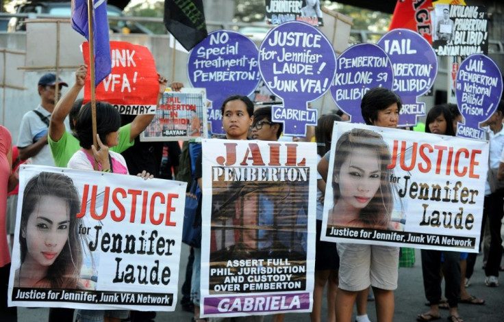 Protesters rallying in front of Camp Aguinaldo in Manila in 2015 during the trial of US Marine Joseph Scott Pemberton