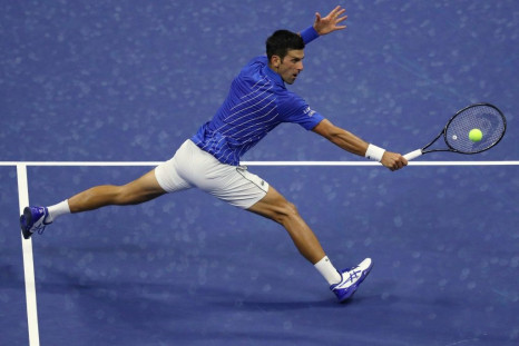 Novak Djokovic returns a volley during his first round match against Damir Dzumhur of Bosnia and Herzegovina at the 2020 US Open