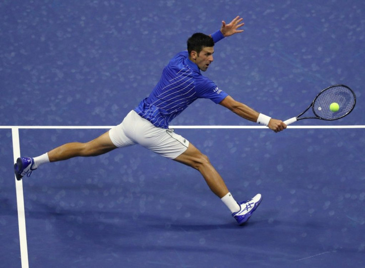 Novak Djokovic returns a volley during his first round match against Damir Dzumhur of Bosnia and Herzegovina at the 2020 US Open