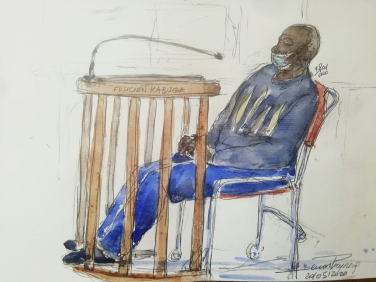 A sketch of Felicien Kabuga wearing an anti-coronavirus mask when he appeared at the Paris Court of Appeal on May 20