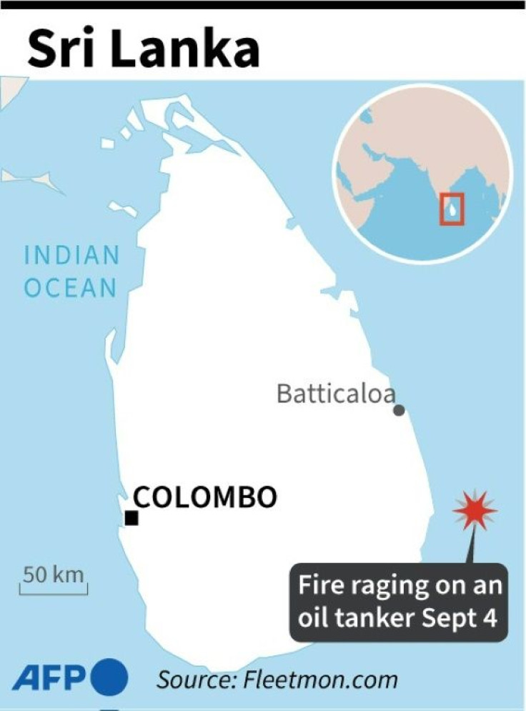 Map locating a burning oil tanker off the coast of Sri Lanka