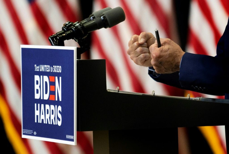 Democratic presidential candidate Joe Biden, shown speaking September 4, 2020 in Wilmington, Delaware when an average of polls showed him about seven points ahead of President Donald Trump nationally