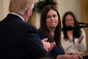 Sarah Sanders, then the White House press secretary, seen in June 2019 at the White House with President Donald Trump