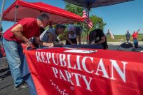 People register to vote during a Republican event in Brownsville, Pennsylvania
