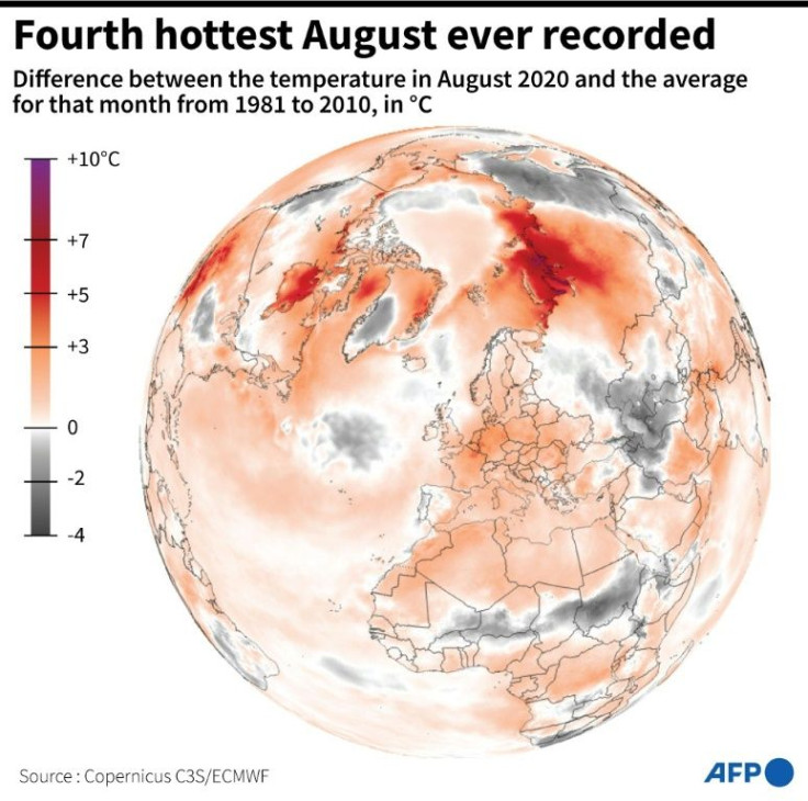 World map showing the difference between the temperature in August 2020 and the average for that month from 1981 to 2010.