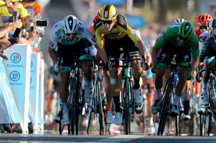 Peter Sagan (L) was sanctioned for leaning into Wout van Aert (2nd-L) in the sprint at Poitiers