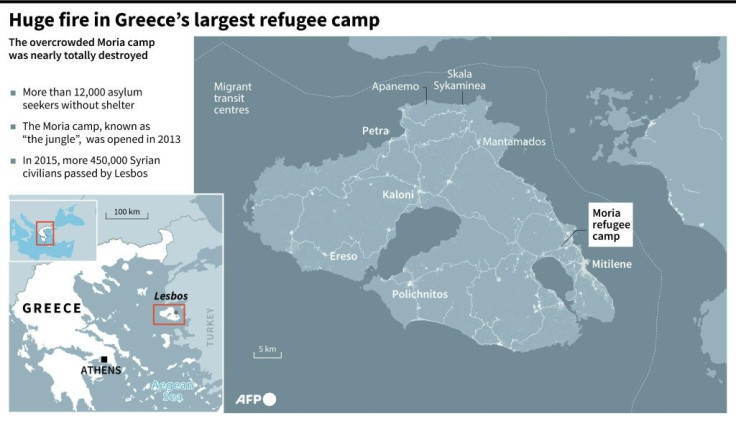 Map of the island of Lesbos, locating the the Moria refugee camp, the largest in Greece, which was destroyeed by fire Wednesday morning.