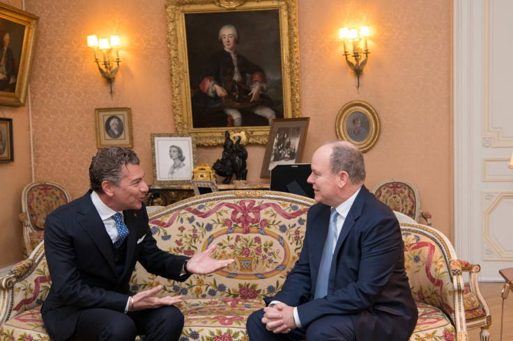 Antigua and Barbuda Ambassador H.E Dr. Dario Item (left) during the presentation of credentials to H.S.H. Prince Albert II of Monaco (right)