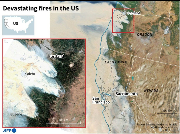 Satellite images of the US West Coast showing smoke from devastating wildfires