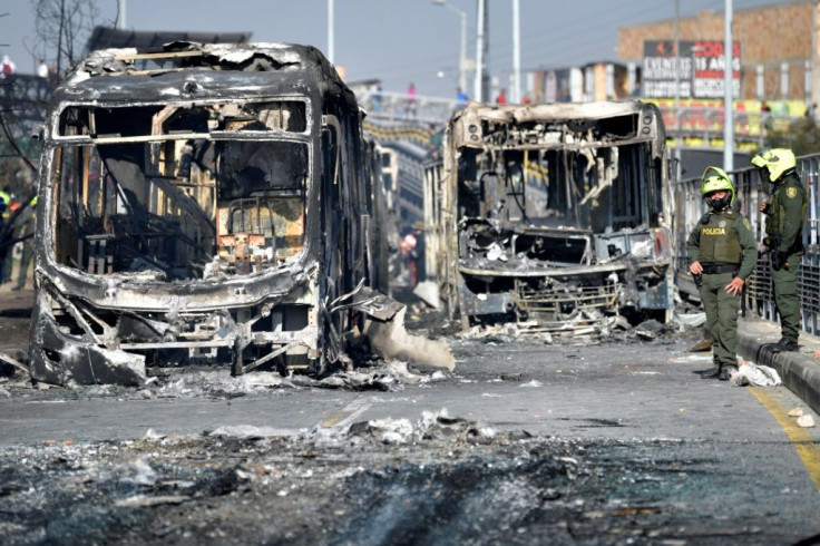 Several buses were set ablaze overnight Sept 9-10 in the Colombian capital Bogota in demos against police brutality