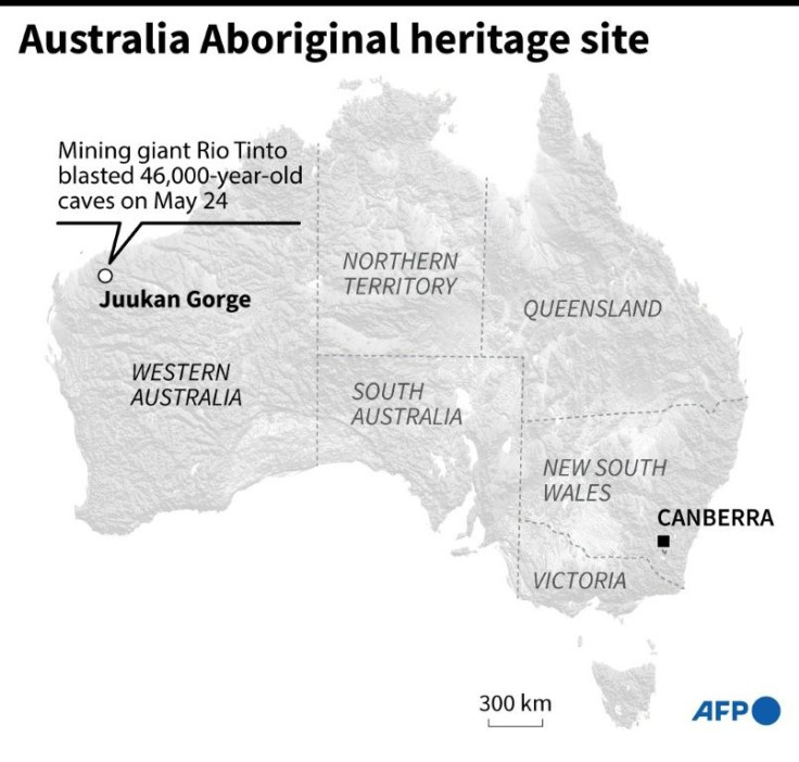 Map showing Western Australia where Anglo-Australian mining giant Rio Tinto blasted 46,000-year-old Aboriginal caves in the Juukan Gorge in the remote Pilbara region, on May 24.