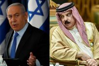 This combination of pictures shows  Israeli Prime Minister Benjamin Netanyahu (L) chairing a cabinet meeting in Jerusalem in June 2020 and Bahrain's King Hamad bin Isa Al Khalifa (R)at the a Gulf Cooperation Council summit in Riyadh in December 2019